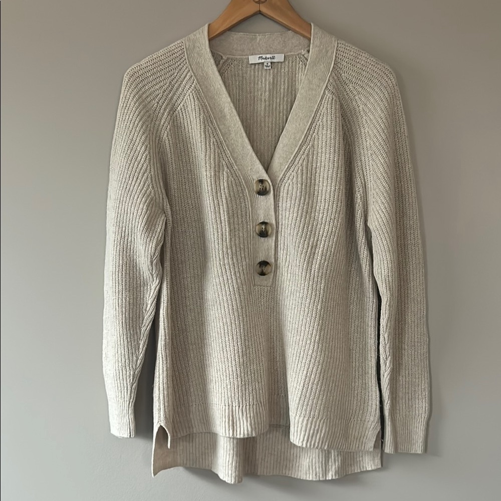 Madewell Lyle Ribbed Henley Sweater Heathered Oatmeal‎ Wool Blend Sz M